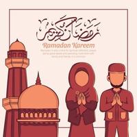 Hand drawn illustration of Ramadan Kareem Iftar party celebration. Islamic Holy Month 1442 H. vector