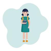 una colegiala con un libro en la mano y una mochila sonríe, una niña alegre con dos coletas en un vestido. vector de imagen plana