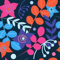 Seamless vector pattern with multicolored flowers and plants on a dark background