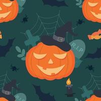 patrón transparente de vector sobre el tema de halloween. Ilustración plana con calabazas en un sombrero, velas, dulces, telarañas, murciélagos sobre un fondo verde oscuro