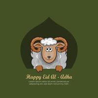 Tarjetas de felicitación de eid al-adha con ovejas dibujadas a mano en fondo verde. vector