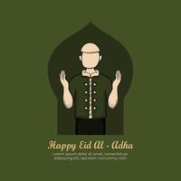 Eid al-adha Greeting Card with Hand drawn Muslim People on Green Background. vector