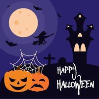 Vector illustration on Halloween theme with pumpkins, bats, witch, spider web, candle, castle.