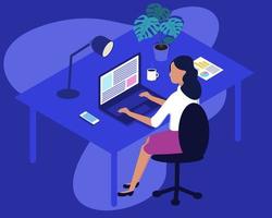 Woman Working at Home Office. Character Sitting at Desk in Room, Looking at Computer Screen and Talking with Colleagues Online. Home Office Concept. vector