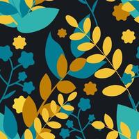Vector seamless pattern of different plants in bright colors on a dark background