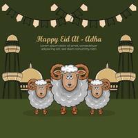 Tarjetas de felicitación de eid al-adha con ovejas dibujadas a mano en fondo verde. vector