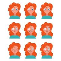 Vector flat image with a set of different emotions. Portrait of a young girl with red hair in 9 versions on a white background