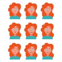 Vector flat image with a set of different emotions. Portrait of a young girl with red hair in 9 versions on a white background