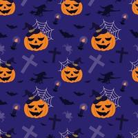 Vector seamless pattern on Halloween theme with pumpkin, witch, web, bat, spider, candle, cross. Purple background