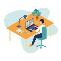 A man works in an office. The character is sitting at a Desk in a room, looking at the computer screen and typing on the keyboard. Concept Of Home Office vector