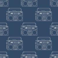 Vector seamless pattern with retro tape recorder on dark blue background, white outline, music background