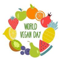 Vector Illustration of world vegetarian day. Lettering in the center of a circle of different bright, juicy fruits and berries on a white background