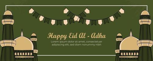 Eid al-adha banner template with Hand drawn Muslim People, Mosque, Lantern and islamic ornament in Green Background. vector