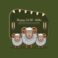 Tarjetas de felicitación de eid al-adha con ovejas dibujadas a mano y linternas en fondo verde. vector