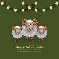 Tarjetas de felicitación de eid al-adha con ovejas dibujadas a mano en fondo verde. vector