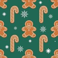 Vector Christmas gingerbread pattern, different shapes. New year holiday green background with snowflakes