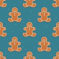 Vector seamless Christmas and new year pattern with gingerbread man and snowflakes on a dark background