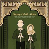 Eid al-adha Greeting Card with Hand drawn Muslim People on Green Background. vector