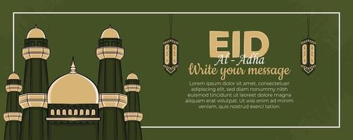 Plantilla de banner de eid al-adha con musulmanes dibujados a mano, mezquita, linterna y adornos islámicos en fondo verde. vector