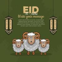 Tarjetas de felicitación de eid al-adha con ovejas dibujadas a mano y linternas en fondo verde. vector