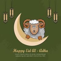 Eid al-Adha Greeting Cards with Hand drawn sheep in Green Background. vector