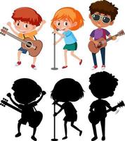 Set of different kids playing musical instruments with silhouette vector