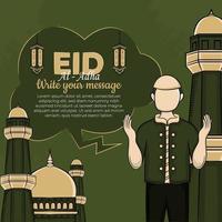 Tarjetas de felicitación de eid al-adha con musulmanes dibujados a mano y mezquita en fondo verde. vector