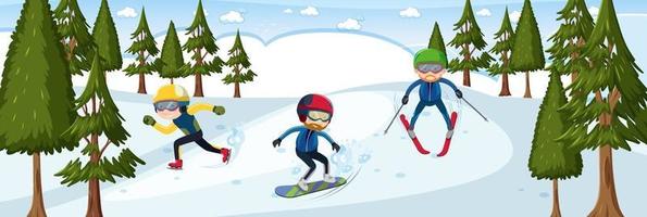 Many skiers in snow forest horizontal landscape scene vector