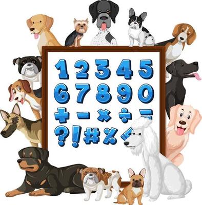 Number 1-10 and math symbols on a board with many different types of dogs