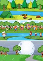 Set of different horizontal scenes background with doodle kids cartoon character vector