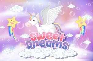 Pegasus with sweet dreams font on pastel background vector