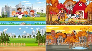 Set of different nature scenes cartoon style vector