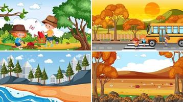 Set of different nature scenes background with people vector