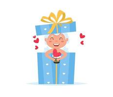 San Valentín Cupido ángel en caja de regalo. lindo niño o niña Cupido personaje de dibujos animados. vector