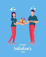 Valentines day romantic dating gift card. Lovers relationship two people. Loving couple holding gift. vector