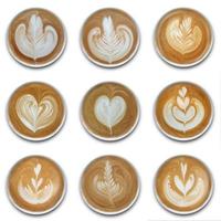 Collection of mugs of latte art coffee on white background