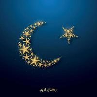 Crescent golden moon and star on shiny blue background. Ramadan Kareem greeting card. vector