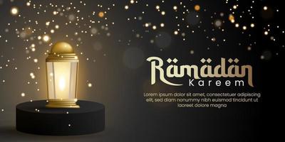 plantilla de fondo de ramadan kareem en estilo borroso. Podio 3d y linterna realista para tarjeta de felicitación, cupón, póster, plantilla de banner para evento islámico vector