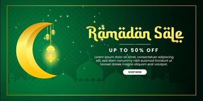 Plantilla de banner de promoción de venta de Ramadán con luna creciente realista y linterna para tarjeta de felicitación, cupón, cartel, plantilla de banner para evento islámico vector