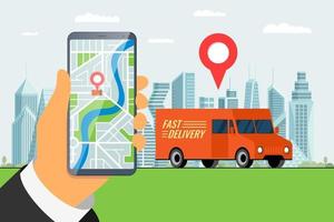 Fast delivery lorry truck ordering service app concept. Hand holding smartphone with geotag gps location pin arrival address on city street and express cargo shipping. Online application flat vector