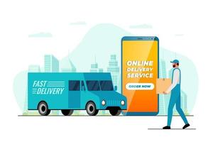 Fast delivery lorry truck ordering app concept. Smartphone with online service application and male courier with package box on city. Express cargo shipping flat vector illustration