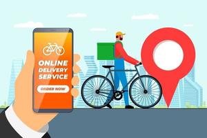 Fast bicycle delivery ordering service app concept. Hand holding smartphone with geotag gps location pin on city street and express shipping courier with backpack. vector