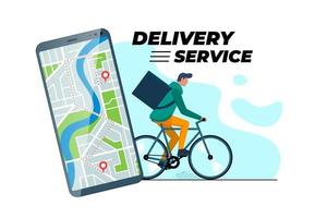 Bicycle delivery ordering service app concept. Smartphone with geotag gps location pin on city street and express shipping courier with backpack.