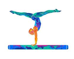 Abstract female athlete doing a complicated exciting trick on gymnastics balance beam from splash of watercolors. Vector illustration of paints