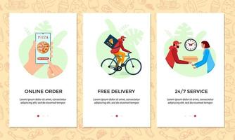 Order food online mobile app banner set. Chooses pizza on smartphone screen template. Express free bicycle delivery from pizzeria service concept. Product bike shipping vector illustration