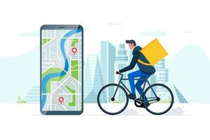 Fast bicycle delivery ordering service app concept. Smartphone with geotag gps location pin on city street and ecological express food shipping courier with backpack. Online application vector eps