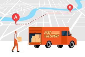 Fast delivery order service and online route tracking on city map concept. Lorry truck and male courier with package box. vector