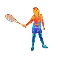 Abstract young woman does an exercise with a racket on her right hand in squash from splash of watercolors. Squash game training. Vector illustration of paints