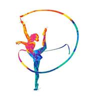 Abstract girl gymnast with ribbon from splash of watercolors. Vector illustration of paints