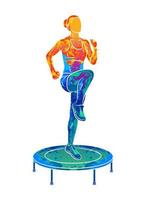 Abstract woman jumping on trampoline. Young fitness girl trains on a mini trampoline from splash of watercolors. Vector illustration of paints